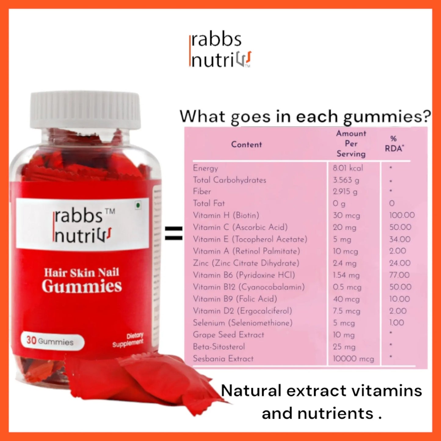 Rabbs Nutri Hair,Skin and Nails (30 Gummies) pack of 1 Supercharge Your Beauty and Health with Rabbs Nutri Hair,Skin and Nails Gummies - Rabbs Nutri