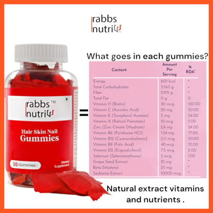 Rabbs Nutri Hair,Skin and Nails (30 Gummies) pack of 1 Supercharge Your Beauty and Health with Rabbs Nutri Hair,Skin and Nails Gummies - Rabbs Nutri